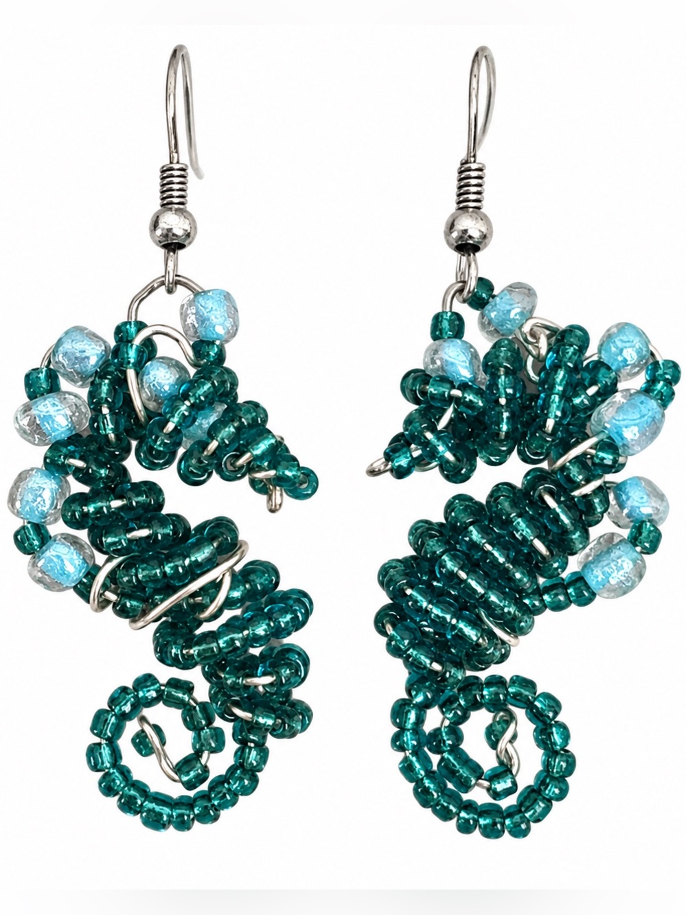 Handmade Teal Blue Seed Bead Seahorse Dangle Earrings 2” nautical